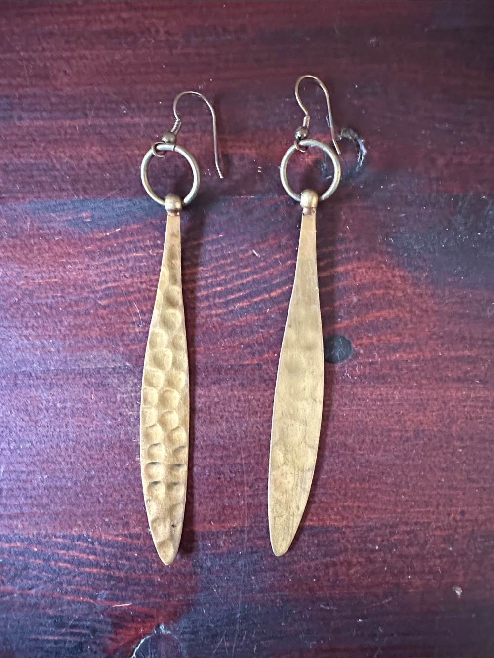 Hammered Gold Long Drop Earrings - Women Jewelry